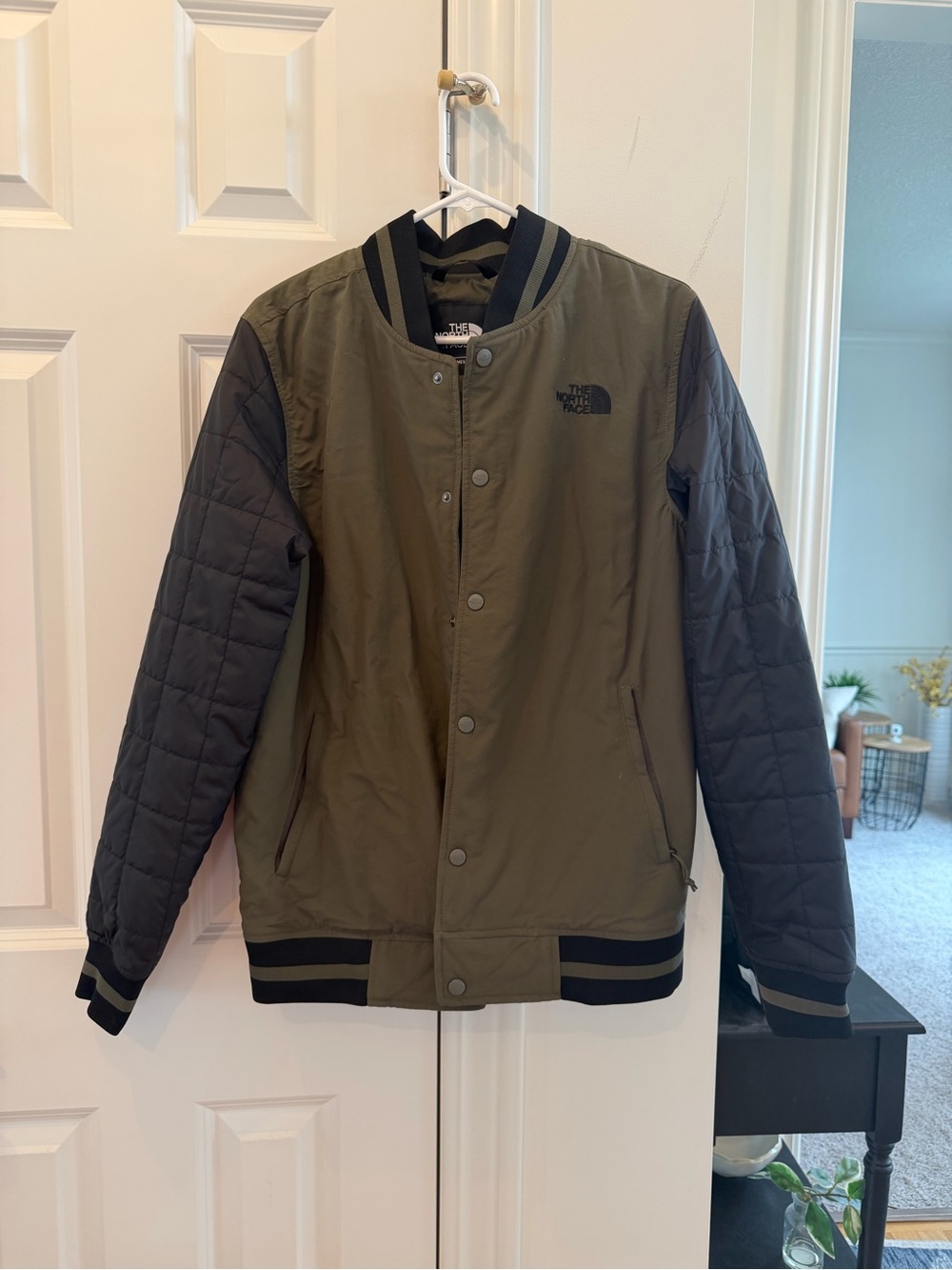 The North Face Olive Green Body with Black Quilted Sleeve Bomber Jacket